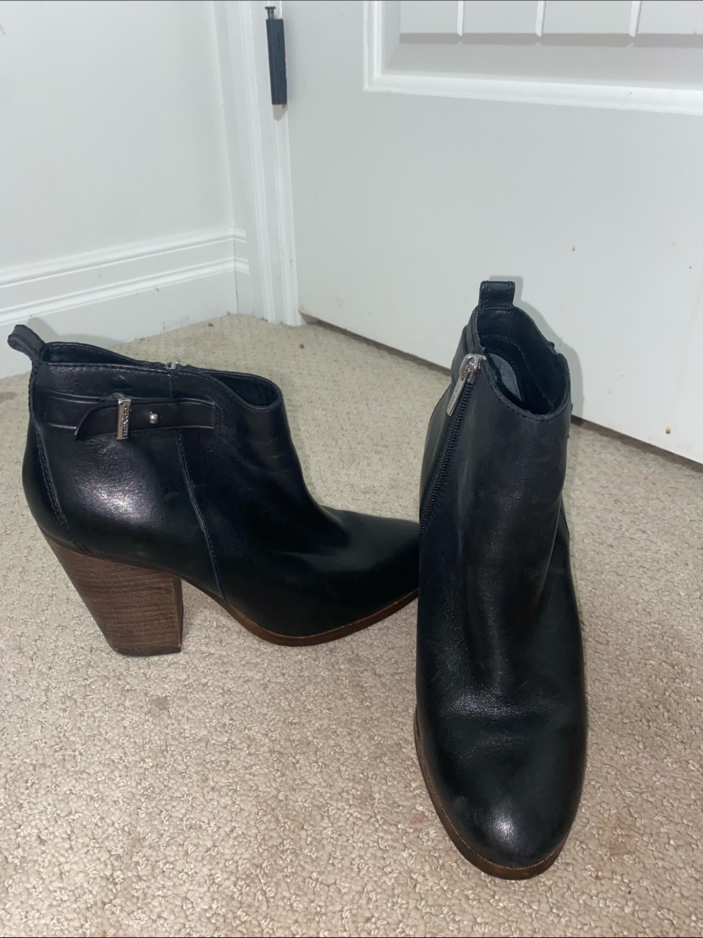 Coach Black Leather Ankle Booties With Stacked Wood Heel